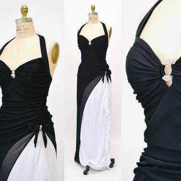 90s Vintage Black Evening Dress Gown Black White Halter neck XS small// Black Stunning 90s 2000s Evening Gown Prom Dress Rhinestone 