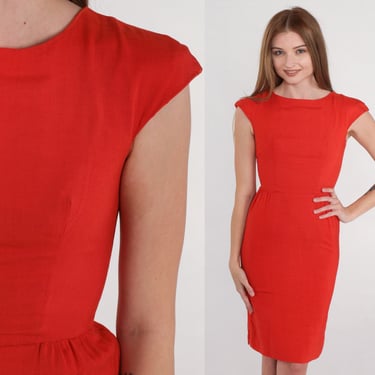 Red Pencil Dress 60s Wiggle Dress Sheath Cocktail Mad Men Mini Hourglass Retro High Waisted Cap Sleeve Fitted Simple Vintage 1960s 2xs xxs 
