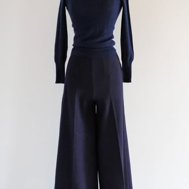 Vintage 1970's Sonia Rykiel Midnight Blue Wool Two Piece Pant & Sweater Set / Small