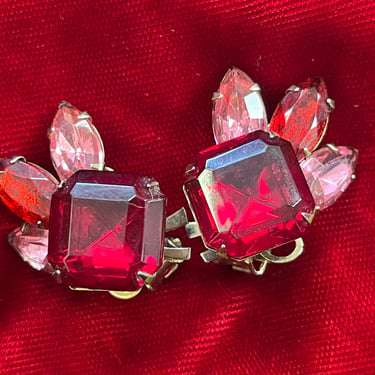 vintage jeweled red earrings 1950s pink navette clip-ons 