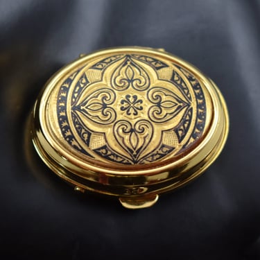 60's Damascene gold inlaid steel oval pill box, abstract Byzantine floral topped gold plate trinket box 