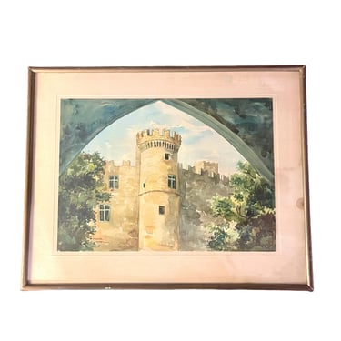 Vintage Greek Watercolor Painting of a Castle