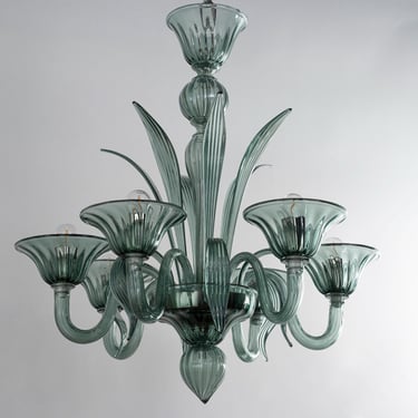 Handmade Murano glass chandelier fontana green color with artistic decorations, 6 lights, handmade Made in Italy 