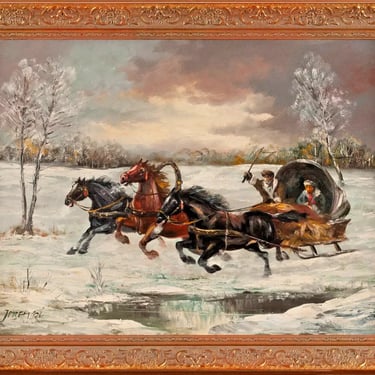 Painting, Oil on Canvas, Russian, Winter Scene, Gilt Frame, Horses, Sleigh, Signed!!