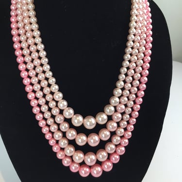 Too Pink and Pure - Vintage 1950s 1960s Shades of Pink Ombre 4 Strand Faux Pearl Necklace 