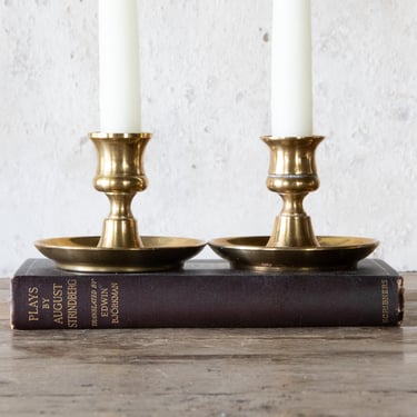 Short Simple Brass Candlesticks, Pair of Vintage Brass Candle Holders, Set of 2 Minimalist Taper Holders 