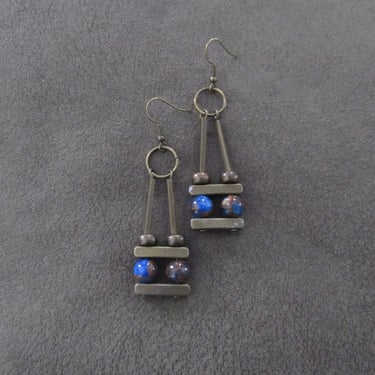 Bronze mid century earrings, blue agate 