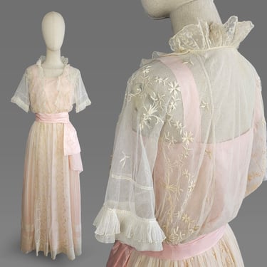 Edwardian Dress / 1910s Dress / Pink Edwardian Lawn Dress w/ Embroidered White Netting / Edwardian Wedding Dress / Antique Dress /Size Small 