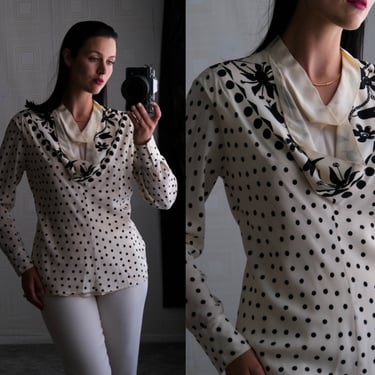 Vintage 80s Gianni Versace Ivory & Black Silk Layered Cowl Neck Polkadot Floral Blouse  | Made in Italy | 100% Silk | 1980s Versace Top 