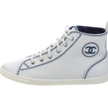 Vintage CHANEL CC Letters Logo White Blue High Tops Sneakers, Moonstone  Vintage