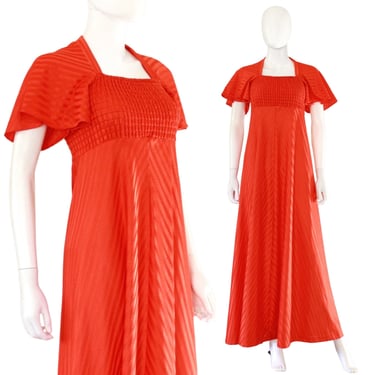 1970s Vivid Orange Maxi Dress - 1970s Maxi Dress - Flutter Sleeve Dress - Vintage Orange Maxi Dress - 1970s Summer Dress | Size Small 