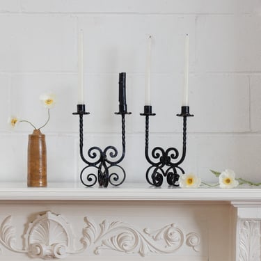 midcentury French brutalist wrought iron candlesticks