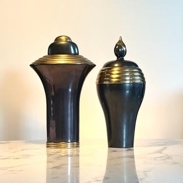 Pair Vintage Dolbi Cashier lidded brass and enamel urns 