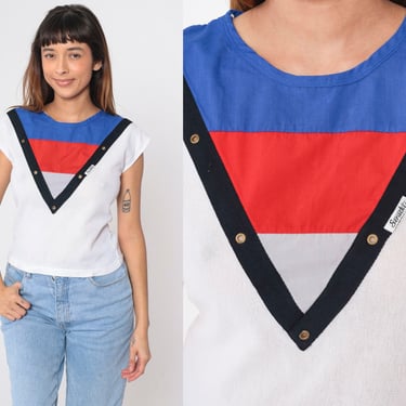 80s Striped Top Seruchi Baby Tee White Knit T-Shirt Cutout Grommet Black Red Blue Grey Chevron Shirt Cap Sleeve Blouse Vintage 1980s Small S 