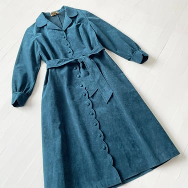 1970s Teal Ultra-Suede Coat with Scalloped Hem 