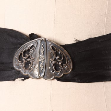 1920s 1930s Black Silk Metal Flower Embossed Art Deco Buckle Belt 