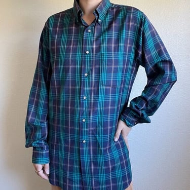 Vintage Mens Pendleton Blue Green Plaid 100% Wool Collared Button Down Shirt M 