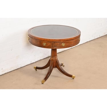 Henredon Georgian Mahogany Pedestal Leather Top Drum Tea Table