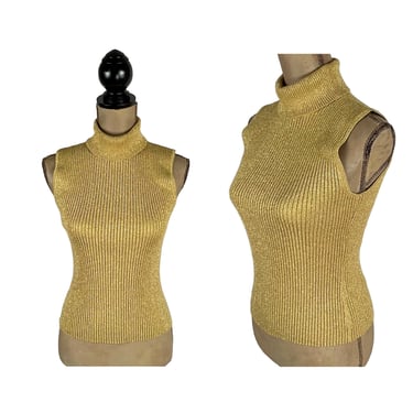 Y2K Gold Metallic Turtleneck Tank Top, Sleeveless Knit Dressy Sparkly Stretchy Blouse, 2000s Clothes Women Small Vintage Petite Clothing 