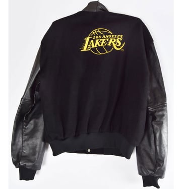 XL LAKERS Black Leather & Wool Jacket, Vintage Coat, Baseball Jacket, 1980's Embroidered Gold Men's Basketball Laker's 
