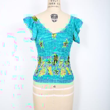 Blue Tropical Print Shirred Summer Top Resort Cruise Vacation Vacay Beach Pool 