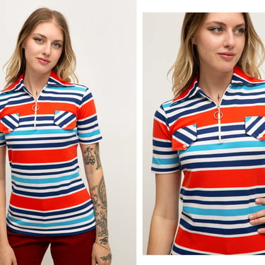 Vintage 1970s 70s Americana Striped Slim Fit O-Ring Zip Blouse Top 