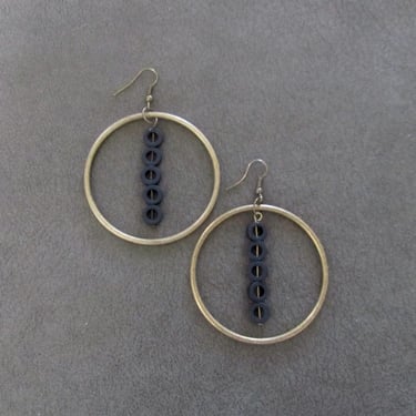 Bronze hoop and black geometric earrings 