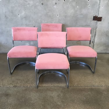 Set of Four Modern Chrome Dining Chairs with Mauve Upholstery