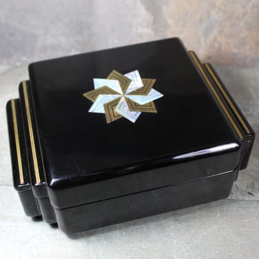 Black Lacquered Box with Mother of Pearl & Brass Inlay | Art Deco Trinket Box | Bixley Shop 