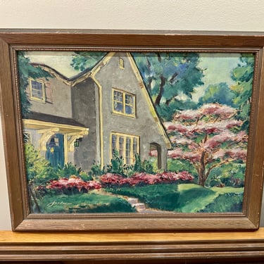 Original Craftsman House Garden Oil Painting, Personaled Inscription “Jordan”, 1941 - Free Shipping 