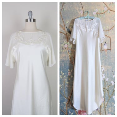 Vintage 1990s Natori gown, nightgown, lingerie, slip dress, flutter sleeves, illusion, medium 