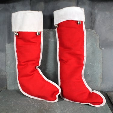 Vintage Red Felt Christmas Stockings | Circa 1960s/70s | Set of 2 Classic Christmas Stockings with Jingle Bells | Bixley Shop 