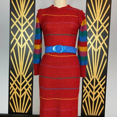 1980s sweater dress, vintage knit dress, rainbow stripes, epaulette shoulders, 80s does 40s, medium, fall fashion, passport, long sleeve, 27 