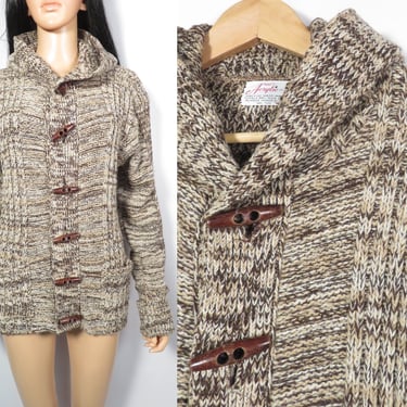 Vintage 70s Marbled Knit Space Dyed Wooden Toggle Hooded Cardigan Size S/M 