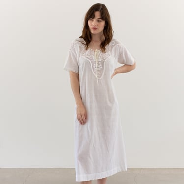 Vintage White Cotton Dress | Antique Crochet Summer Slip Nightgown | S M | 
