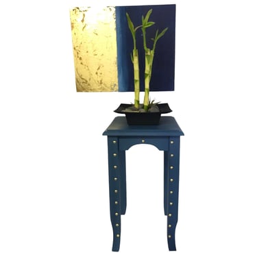 Vtg Blue & Brass Studded Accent Table | Plant/Fern Stand | Lamp Table | Versatile Home Décor Furniture 