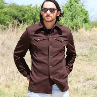 Vintage 70s Lee Western Shirt Jacket, Medium Men, brown polyester shacket, pearl snap 
