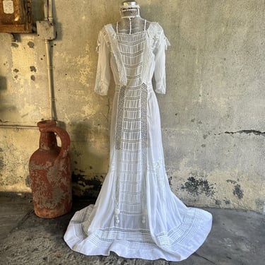 Antique Edwardian White Lace Tea Dress Ball Tassels Maxi Bridal Wedding Vintage