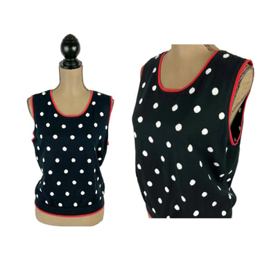 L-XL 80s Sleeveless Cotton Knit Top or Pullover Vest, Scoop Neck Black White Polka Dot Tank, 1980s Clothes Women Vintage, Made in Hong Kong 