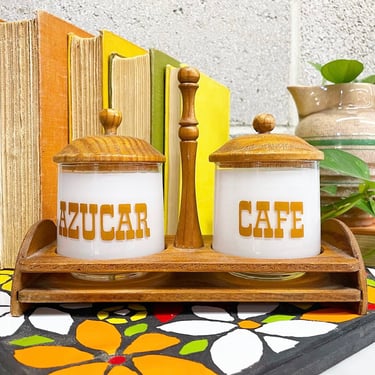 Vintage Coffee and Sugar Jars Retro 1980s Cafe and Azucar + Glass Jars + Wood Caddy + Storage Containers + Home and Kitchen Decor 