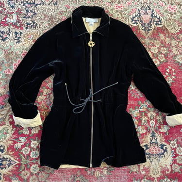 Vintage ‘80s ‘90s WORTH black silk velvet jacket | tunic jacket, gothic vibes, silk lining, XS/S 