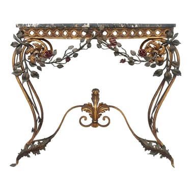 Italian Tole Decorated Marble Top Console Table 