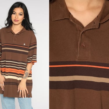 South Pole Polo Shirt 00s Brown Orange Y2K Shirt Striped Retro Tee Polo Shirt Collared Vintage 2000s Shirt 2xl xxl 2x 