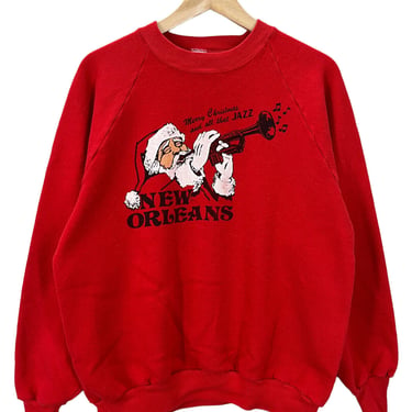 Vtg New Orleans Santa Claus Merry Christmas & Jazz Red Raglan Sweatshirt Fits M