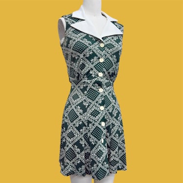 Vintage Dress Retro 1960s No Size Tag + Union Made + Green + White + Floral Print + Sleeveless + Large Collar + Mini Length + Womens Apparel 