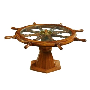 Table, Ship's Wheel, Coffee, Glass Top, Unusually Carved Mahogany, 1900's!
