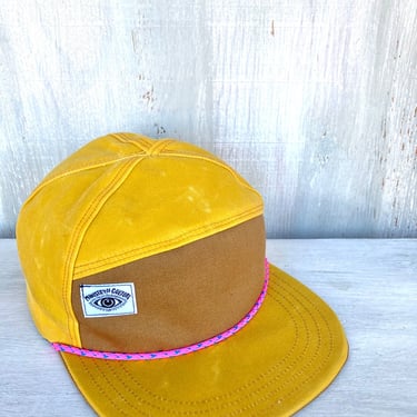 Handmade 6 Panel Hat, Triangle Front Baseball Cap, Waxed Canvas Camp Hat, Snap Back Hat, 7 Panel Mustard Yellow gift for her 