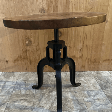 Vintage Industrial Wood Top Crank Table with Wrought Iron Base