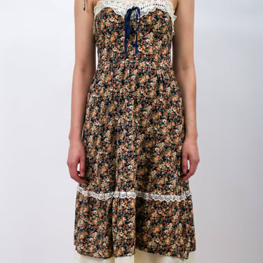 1970s Brown and White Floral Gunne Sax Style Sundress