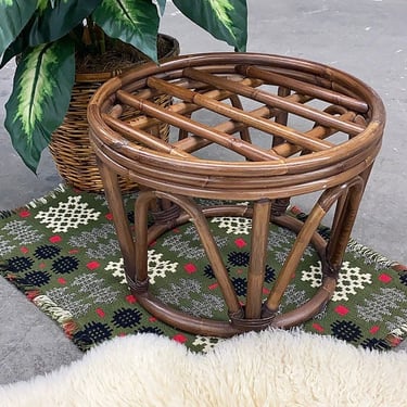 Vintage Plant Stand Retro 1980s Bohemian + Rattan + Ottoman or Stool + Round Shape + Brown + Furniture or Decor + Indoor + Outdoor Seating 
